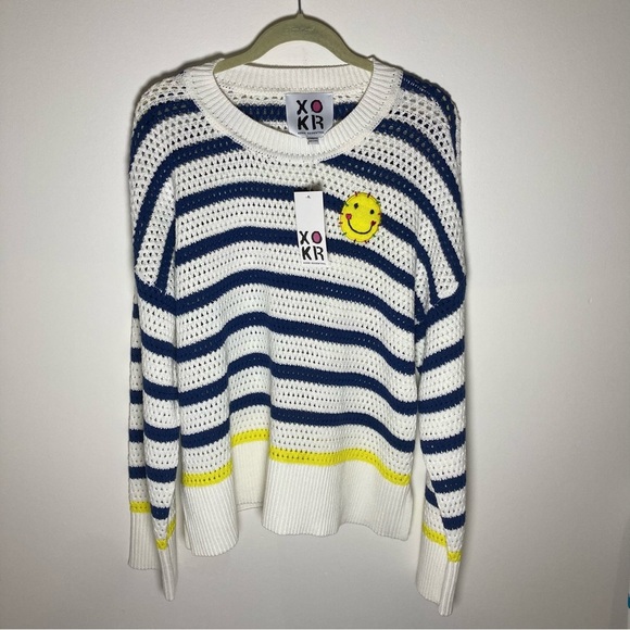 Kerri Rosenthal Smiley Face Sweater with Blue and Yellow Stripes | Anthropologie - Picture 1 of 11